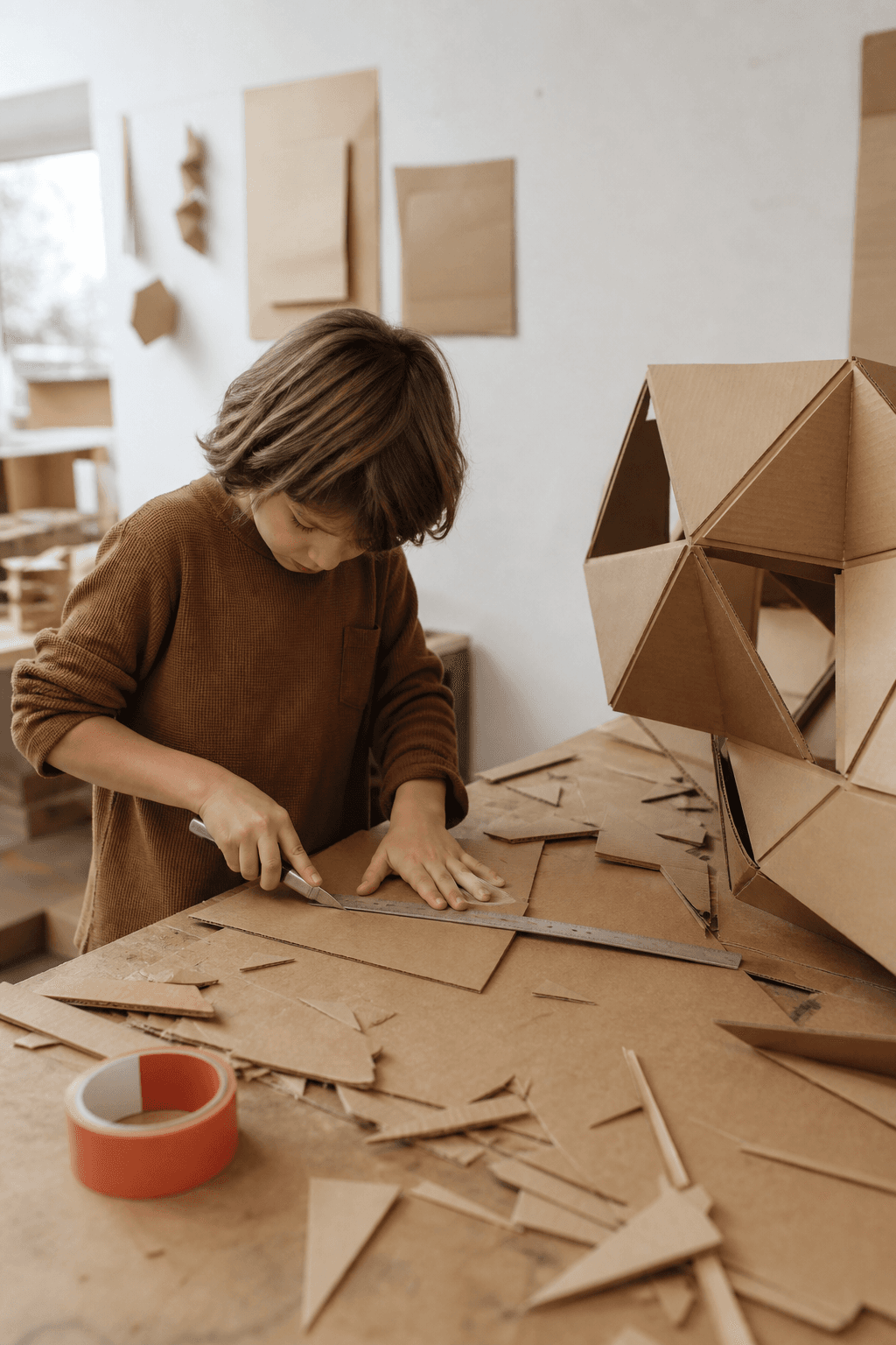 Dítě konstruuje geometrickou stavbu z kartonu ve světlé dílně